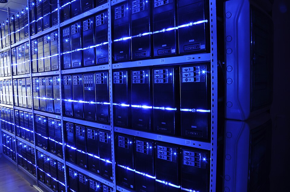 Rows of server racks in a data hall
